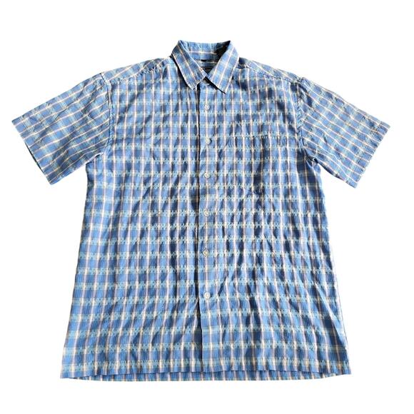 Vintage Y2K Point Zero Gingham Shirt Mens M Blue Textured Button Up Summer Beach - Picture 1 of 9